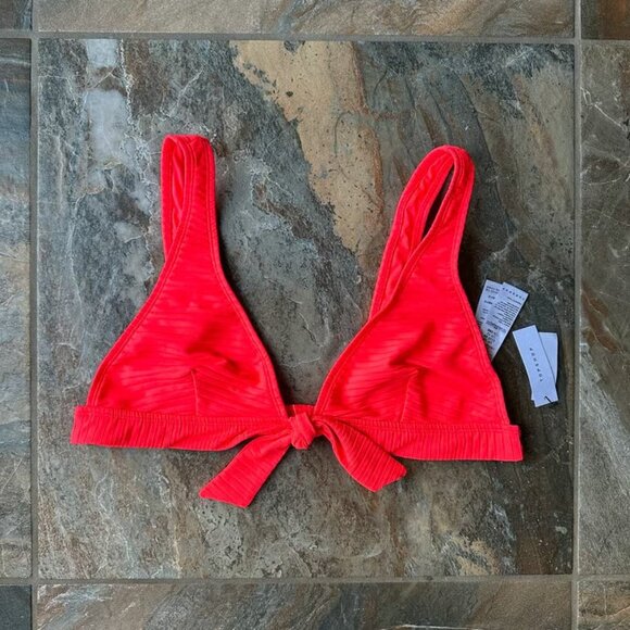 TOPSHOP Wide Rib Longline Bikini Top NWT Tie Front Size 12 Neon Coral - Picture 1 of 5